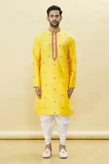 Yellow embroidered art silk dhoti-kurta