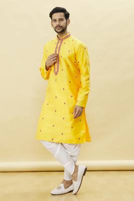 Yellow embroidered art silk dhoti-kurta 3