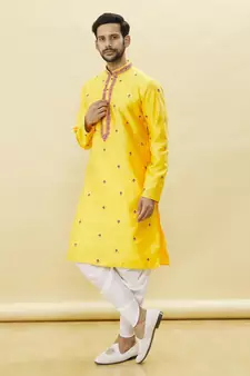 Yellow embroidered art silk dhoti-kurta