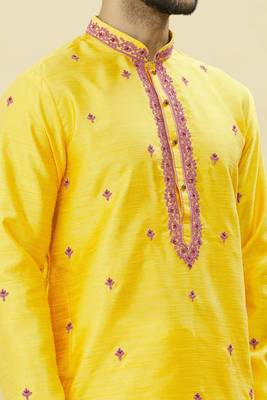 Yellow embroidered art silk dhoti-kurta 4