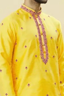 Yellow embroidered art silk dhoti-kurta