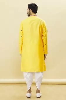 Yellow embroidered art silk dhoti-kurta