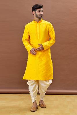 Yellow embroidered art silk dhoti-kurta 1