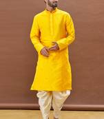 Yellow embroidered art silk dhoti-kurta
