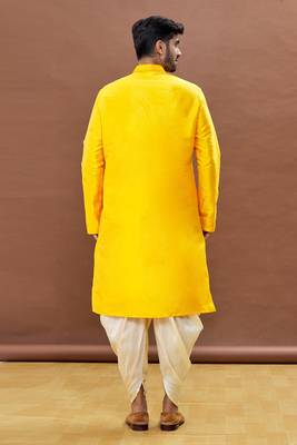 Yellow embroidered art silk dhoti-kurta 2