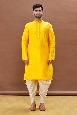 Yellow embroidered art silk dhoti-kurta 3
