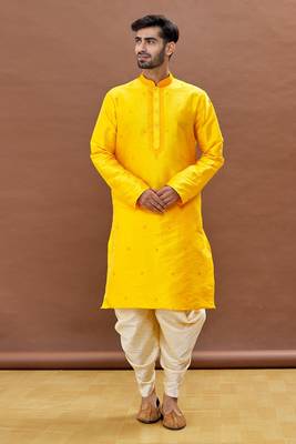 Yellow embroidered art silk dhoti-kurta 4