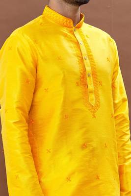 Yellow embroidered art silk dhoti-kurta 5