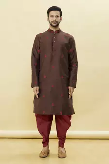 Brown embroidered art silk dhoti-kurta