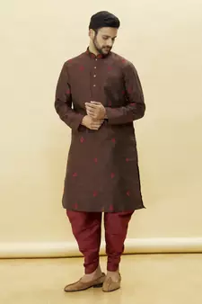 Brown embroidered art silk dhoti-kurta