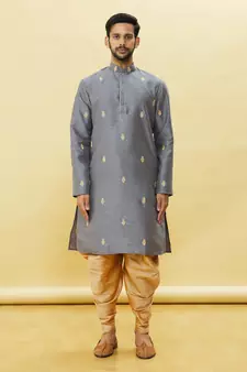 Grey embroidered art silk dhoti-kurta