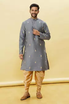 Grey embroidered art silk dhoti-kurta