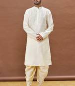White embroidered art silk dhoti-kurta