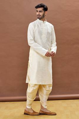 White embroidered art silk dhoti-kurta 5
