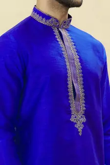 Blue embroidered art silk dhoti-kurta