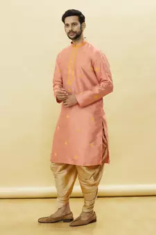 Beige embroidered art silk dhoti-kurta