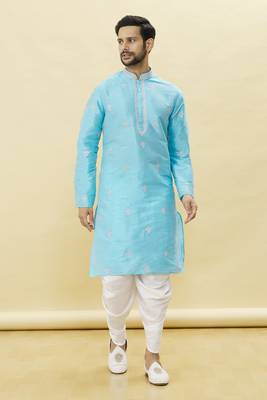 Blue embroidered art silk dhoti-kurta 4