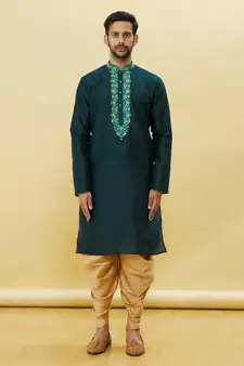 Green embroidered art silk dhoti-kurta