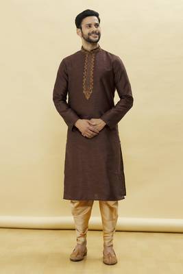 Brown embroidered art silk dhoti-kurta 1