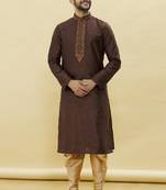 Brown embroidered art silk dhoti-kurta