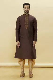 Brown embroidered art silk dhoti-kurta