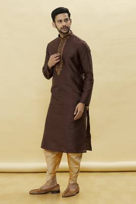 Brown embroidered art silk dhoti-kurta 4