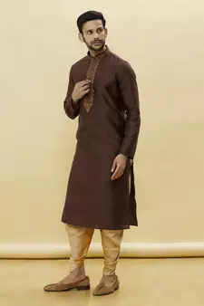 Brown embroidered art silk dhoti-kurta