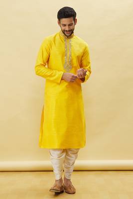Yellow embroidered art silk dhoti-kurta 1