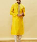 Yellow embroidered art silk dhoti-kurta