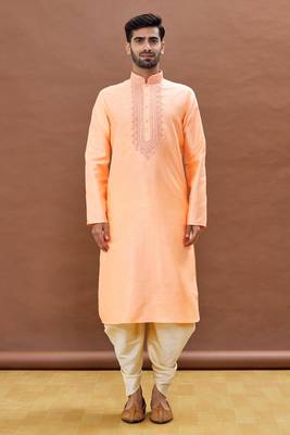Orange embroidered art silk dhoti-kurta 1