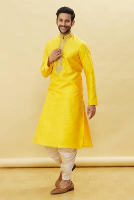 Yellow embroidered art silk dhoti-kurta 3