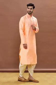 Orange embroidered art silk dhoti-kurta