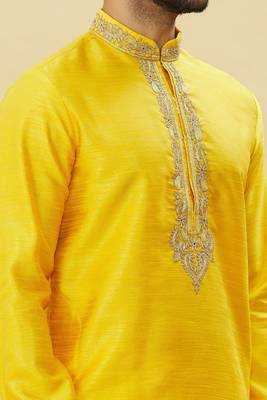 Yellow embroidered art silk dhoti-kurta 4