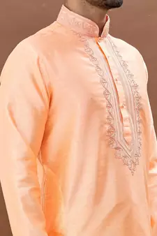 Orange embroidered art silk dhoti-kurta