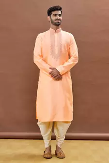 Orange embroidered art silk dhoti-kurta