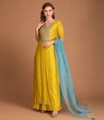 Jasmine Yellow Kurta Set With Hand Work Of Dabka And Contrast Teal Blue Dupatta