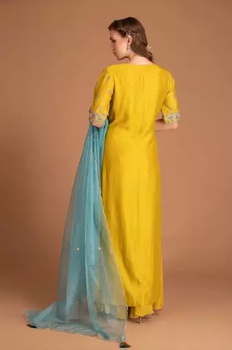 Jasmine Yellow Kurta Set With Hand Work Of Dabka And Contrast Teal Blue Dupatta