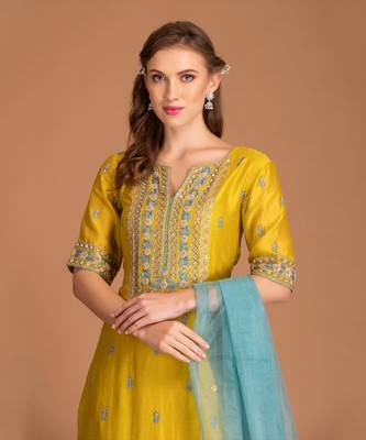 Jasmine Yellow Kurta Set With Hand Work Of Dabka And Contrast Teal Blue Dupatta 3