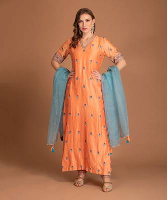 Tropical Orange Kurta Set With Hand Work Of Resham And Dabka Clubbed With Teal Blue Dupatta 1