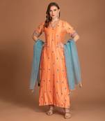 Tropical Orange Kurta Set With Hand Work Of Resham And Dabka Clubbed With Teal Blue Dupatta