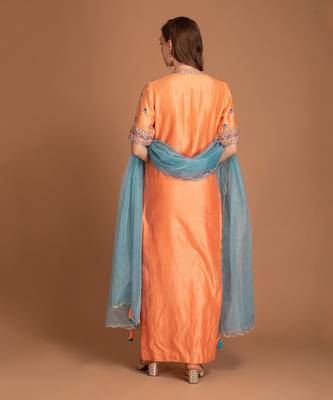 Tropical Orange Kurta Set With Hand Work Of Resham And Dabka Clubbed With Teal Blue Dupatta 2