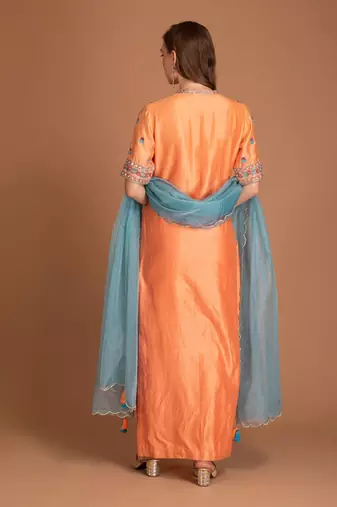 Tropical Orange Kurta Set With Hand Work Of Resham And Dabka Clubbed With Teal Blue Dupatta