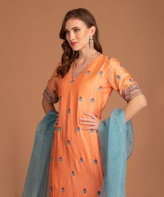 Tropical Orange Kurta Set With Hand Work Of Resham And Dabka Clubbed With Teal Blue Dupatta 3