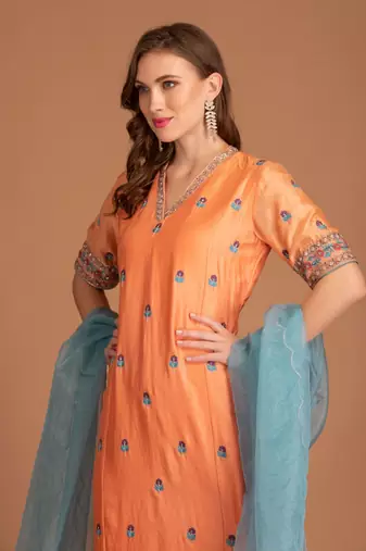 Tropical Orange Kurta Set With Hand Work Of Resham And Dabka Clubbed With Teal Blue Dupatta