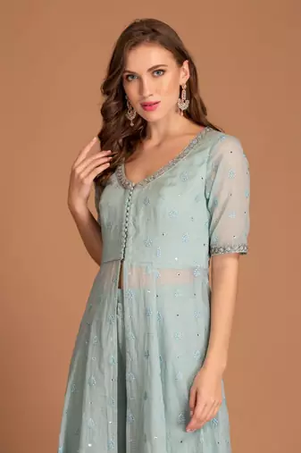 Ice Blue Kurta In Mirror Work