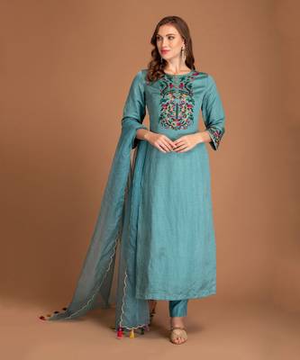 Mineral Blue Kurta Set With Multi Colour Thread Work & Organza Dupatta 1