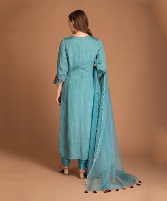 Mineral Blue Kurta Set With Multi Colour Thread Work & Organza Dupatta 2