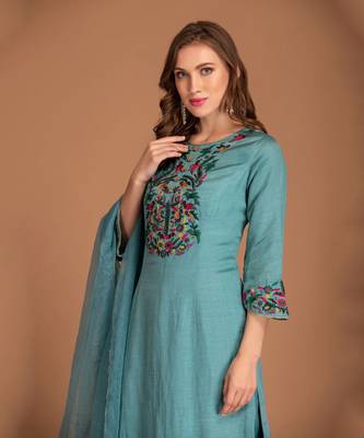 Mineral Blue Kurta Set With Multi Colour Thread Work & Organza Dupatta 3