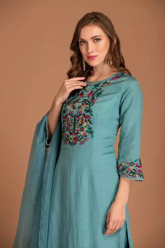 Mineral Blue Kurta Set With Multi Colour Thread Work & Organza Dupatta