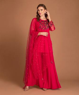 Hot Pink Sharara With Multi Colour Embroidery A Tweed On Kurta & Mukaish Work On The Tuelle Dupatta 1
